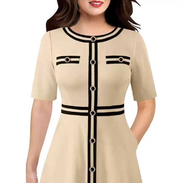 VFSHOW Womens Buttons Patchwork Work Business Office ALine Midi Crew Neck Professional Career Fit and Flare MidCalf DressBeige Short Sleeve