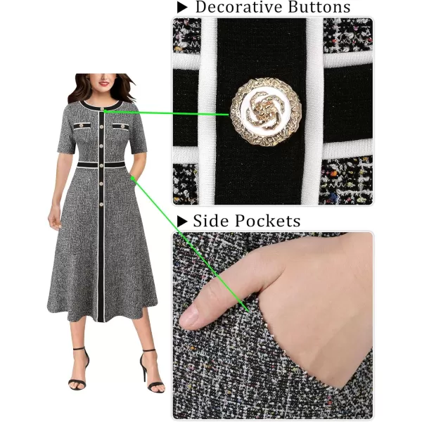 VFSHOW Womens Buttons Patchwork Work Business Office ALine Midi Crew Neck Professional Career Fit and Flare MidCalf DressBlack Tweed Short Sleeve