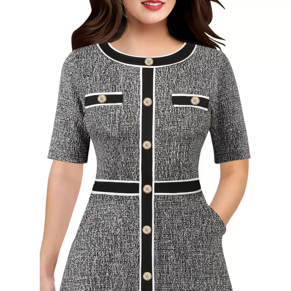 VFSHOW Womens Buttons Patchwork Work Business Office ALine Midi Crew Neck Professional Career Fit and Flare MidCalf DressBlack Tweed Short Sleeve