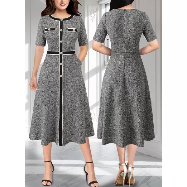 VFSHOW Womens Buttons Patchwork Work Business Office ALine Midi Crew Neck Professional Career Fit and Flare MidCalf DressBlack Tweed Short Sleeve