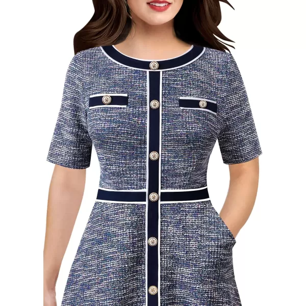 VFSHOW Womens Buttons Patchwork Work Business Office ALine Midi Crew Neck Professional Career Fit and Flare MidCalf DressBlue Tweed Short Sleeve