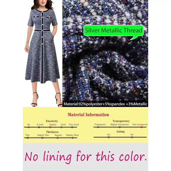 VFSHOW Womens Buttons Patchwork Work Business Office ALine Midi Crew Neck Professional Career Fit and Flare MidCalf DressBlue Tweed Short Sleeve