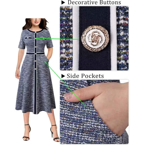 VFSHOW Womens Buttons Patchwork Work Business Office ALine Midi Crew Neck Professional Career Fit and Flare MidCalf DressBlue Tweed Short Sleeve