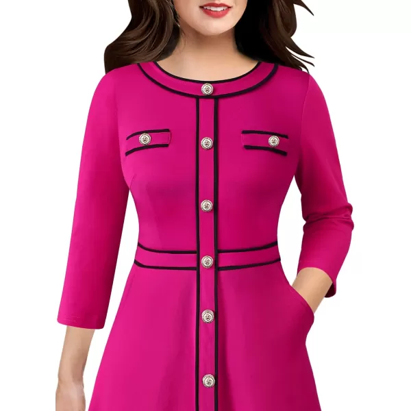 VFSHOW Womens Buttons Patchwork Work Business Office ALine Midi Crew Neck Professional Career Fit and Flare MidCalf DressHot Pink34 Sleeve2