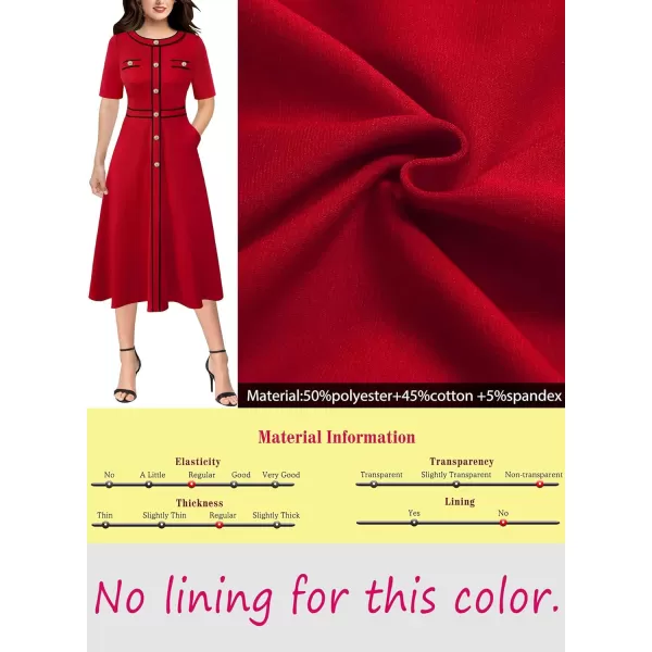 VFSHOW Womens Buttons Patchwork Work Business Office ALine Midi Crew Neck Professional Career Fit and Flare MidCalf DressRed Short Sleeve