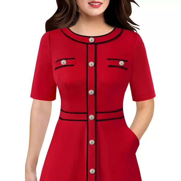 VFSHOW Womens Buttons Patchwork Work Business Office ALine Midi Crew Neck Professional Career Fit and Flare MidCalf DressRed Short Sleeve