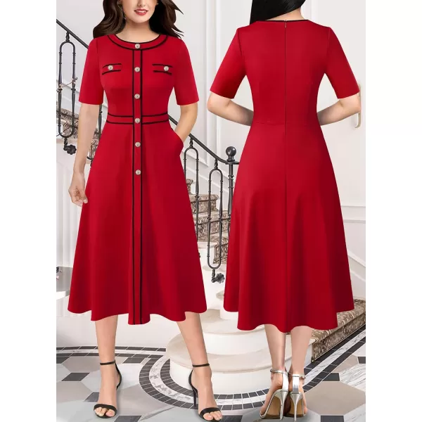 VFSHOW Womens Buttons Patchwork Work Business Office ALine Midi Crew Neck Professional Career Fit and Flare MidCalf DressRed Short Sleeve