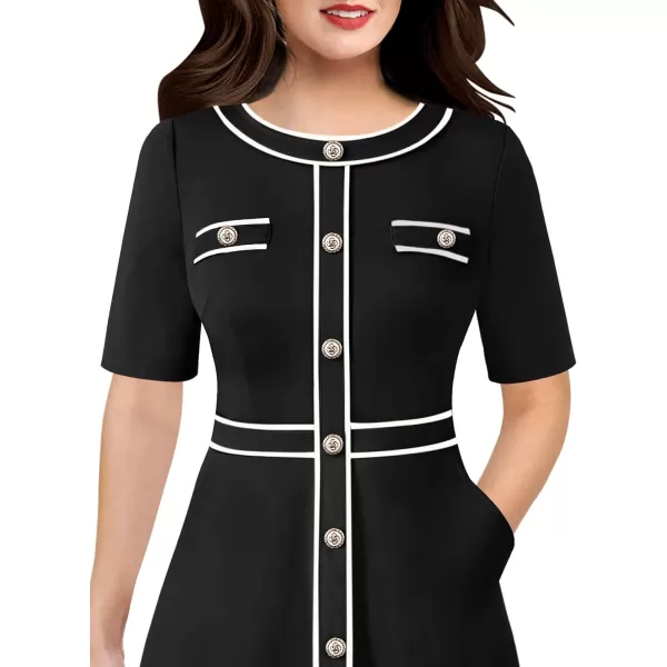 VFSHOW Womens Buttons Patchwork Work Business Office ALine Midi Crew Neck Professional Career Fit and Flare MidCalf DressSolid Black