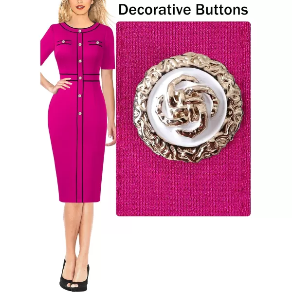 VFSHOW Womens Buttons Patchwork Work Business Office Party Bodycon Pencil Sheath DressHot Pink Black Piping