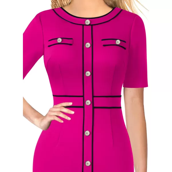 VFSHOW Womens Buttons Patchwork Work Business Office Party Bodycon Pencil Sheath DressHot Pink Black Piping