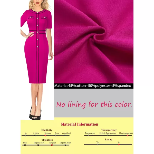 VFSHOW Womens Buttons Patchwork Work Business Office Party Bodycon Pencil Sheath DressHot Pink Black Piping