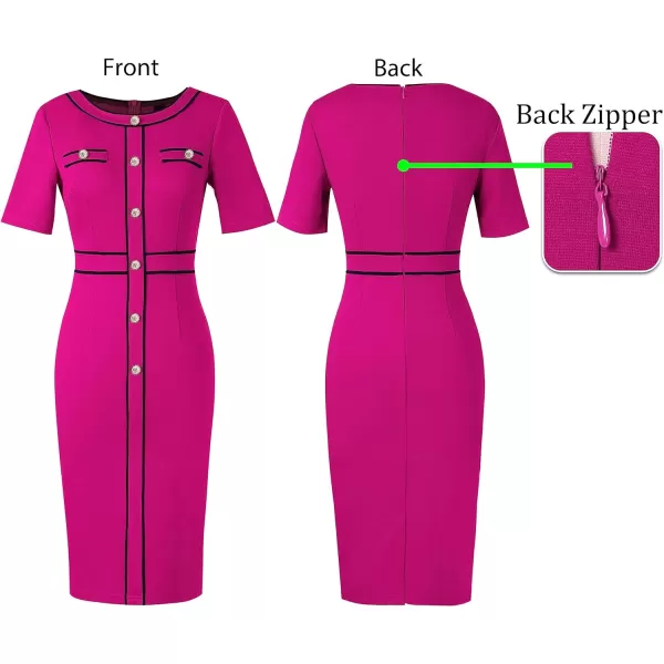 VFSHOW Womens Buttons Patchwork Work Business Office Party Bodycon Pencil Sheath DressHot Pink Black Piping