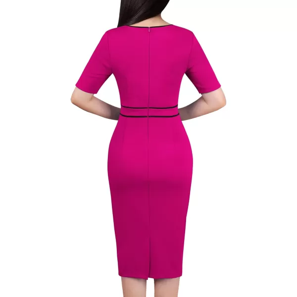 VFSHOW Womens Buttons Patchwork Work Business Office Party Bodycon Pencil Sheath DressHot Pink Black Piping