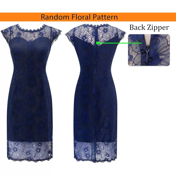 VFSHOW Womens Contrast Floral Lace Shift Scalloped Crew Neck Slim Cocktail Party DressNavy Blue Floral Lace