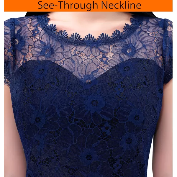 VFSHOW Womens Contrast Floral Lace Shift Scalloped Crew Neck Slim Cocktail Party DressNavy Blue Floral Lace