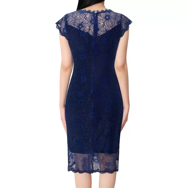 VFSHOW Womens Contrast Floral Lace Shift Scalloped Crew Neck Slim Cocktail Party DressNavy Blue Floral Lace