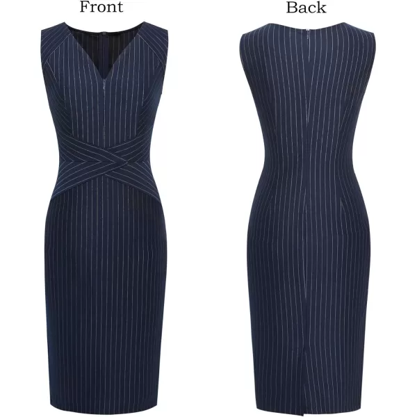 VFSHOW Womens Elegant Front Zipper Slim Work Business Office Party Bodycon Pencil DressBlue Pinstriped V Neck