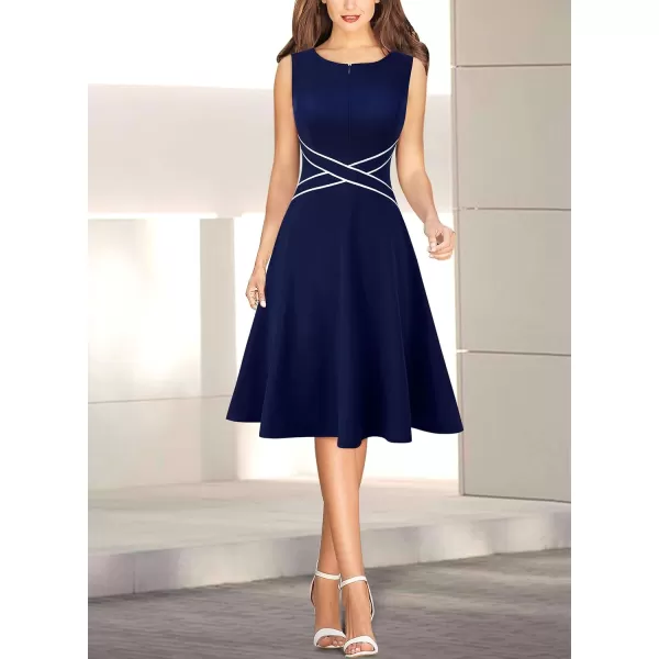 VFSHOW Womens Elegant Front Zipper Slim Work Business Office Party Cocktail ALine DressBlue With White Piping
