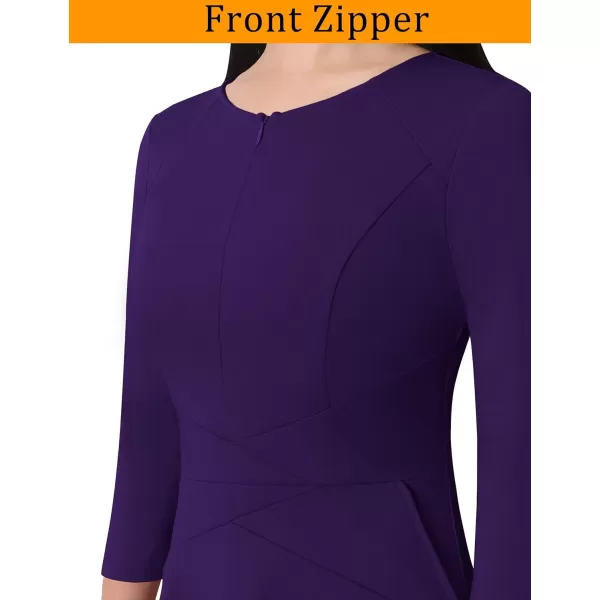 VFSHOW Womens Elegant Front Zipper Slim Work Business Office Party Cocktail ALine DressDark Purple 34 Sleeve