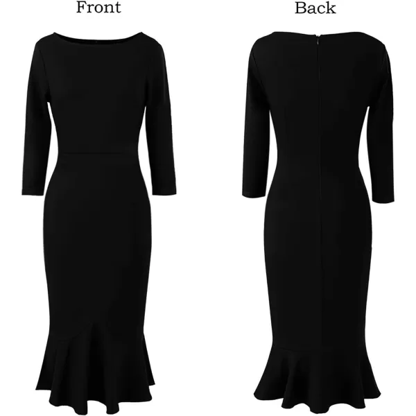 VFSHOW Womens Elegant Vintage Cocktail Party Mermaid Bodycon Midi MidCalf DressBlack Long Sleeve2