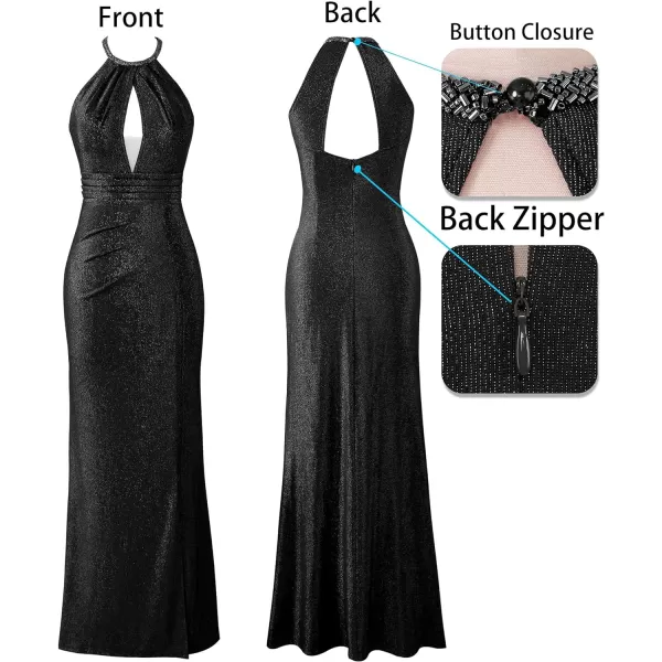 VFSHOW Womens Formal Prom Beaded Halter Neck Sexy Keyhole Front Ruched Maxi Dress 2024 High Split Long Cocktail Evening GownSparkly Black