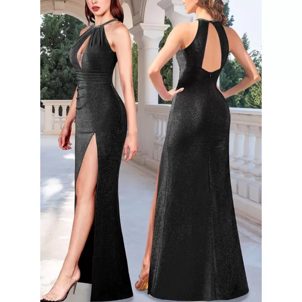 VFSHOW Womens Formal Prom Beaded Halter Neck Sexy Keyhole Front Ruched Maxi Dress 2024 High Split Long Cocktail Evening GownSparkly Black