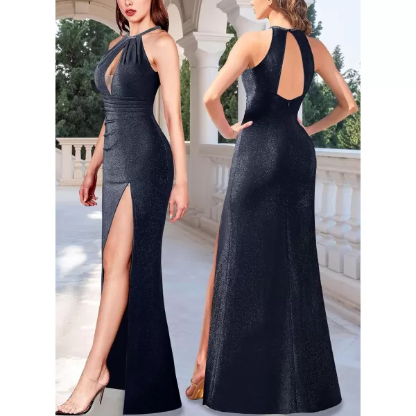 VFSHOW Womens Formal Prom Beaded Halter Neck Sexy Keyhole Front Ruched Maxi Dress 2024 High Split Long Cocktail Evening GownSparkly Navy Blue