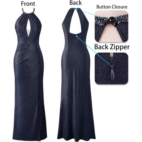 VFSHOW Womens Formal Prom Beaded Halter Neck Sexy Keyhole Front Ruched Maxi Dress 2024 High Split Long Cocktail Evening GownSparkly Navy Blue