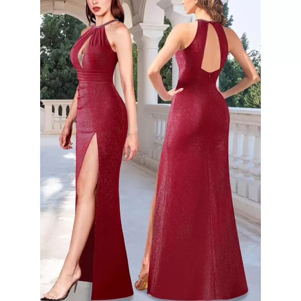 VFSHOW Womens Formal Prom Beaded Halter Neck Sexy Keyhole Front Ruched Maxi Dress 2024 High Split Long Cocktail Evening GownSparkly Red