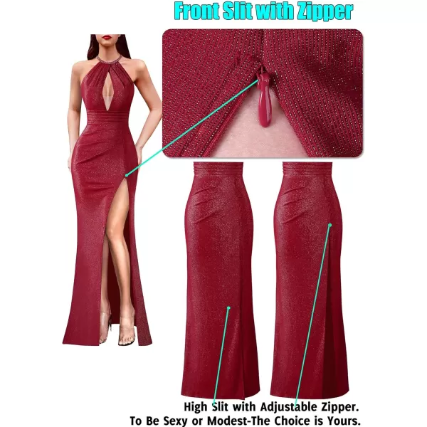 VFSHOW Womens Formal Prom Beaded Halter Neck Sexy Keyhole Front Ruched Maxi Dress 2024 High Split Long Cocktail Evening GownSparkly Red