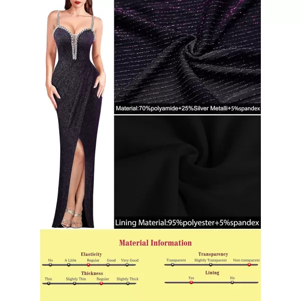 VFSHOW Womens Formal Prom Beaded Spaghetti Strap Deep V Neck Ruched Maxi Dress Sexy Tulip Split Wedding Guest Evening GownBlack With Purple Metallic Stitching