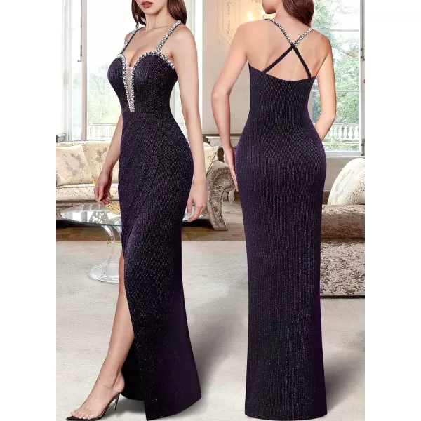 VFSHOW Womens Formal Prom Beaded Spaghetti Strap Deep V Neck Ruched Maxi Dress Sexy Tulip Split Wedding Guest Evening GownBlack With Purple Metallic Stitching