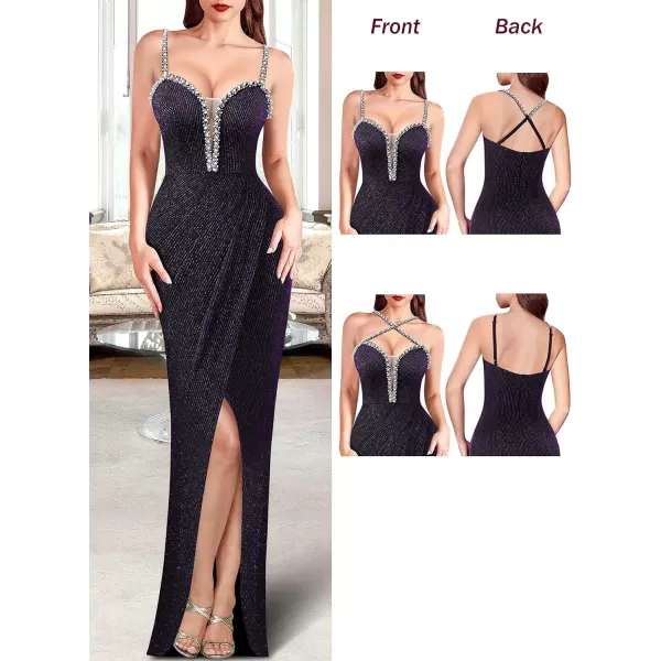 VFSHOW Womens Formal Prom Beaded Spaghetti Strap Deep V Neck Ruched Maxi Dress Sexy Tulip Split Wedding Guest Evening GownBlack With Purple Metallic Stitching