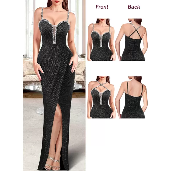 VFSHOW Womens Formal Prom Beaded Spaghetti Strap Deep V Neck Ruched Maxi Dress Sexy Tulip Split Wedding Guest Evening GownBlack With Silver Metallic Stitching