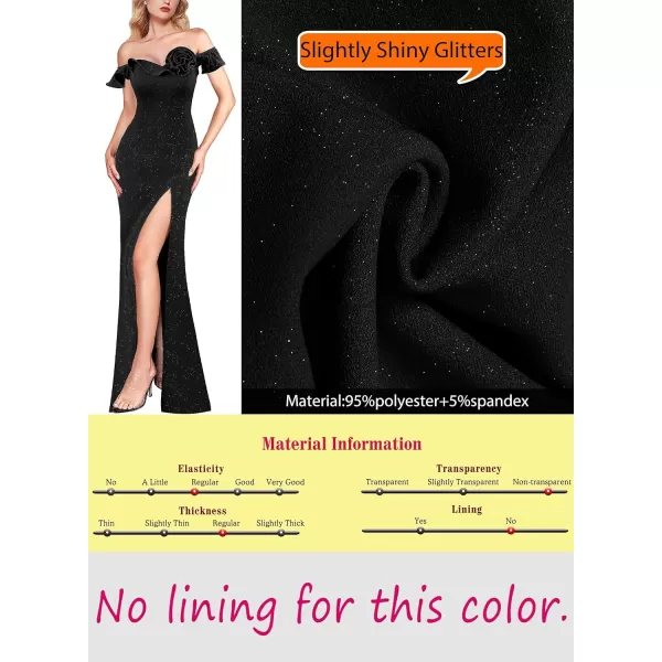 VFSHOW Womens Formal Prom Ruffle Off The Shoulder 3D Flower High Slit Maxi Dress Evening GownSparkly Black