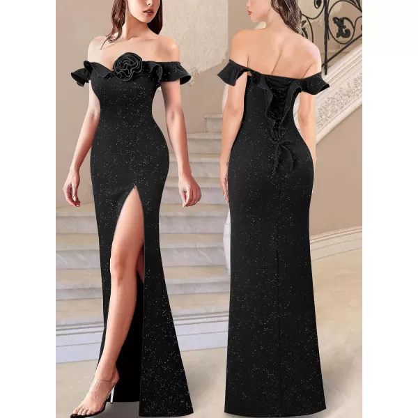 VFSHOW Womens Formal Prom Ruffle Off The Shoulder 3D Flower High Slit Maxi Dress Evening GownSparkly Black