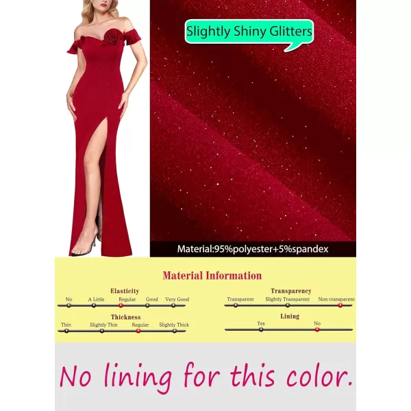 VFSHOW Womens Formal Prom Ruffle Off The Shoulder 3D Flower High Slit Maxi Dress Evening GownSparkly Red