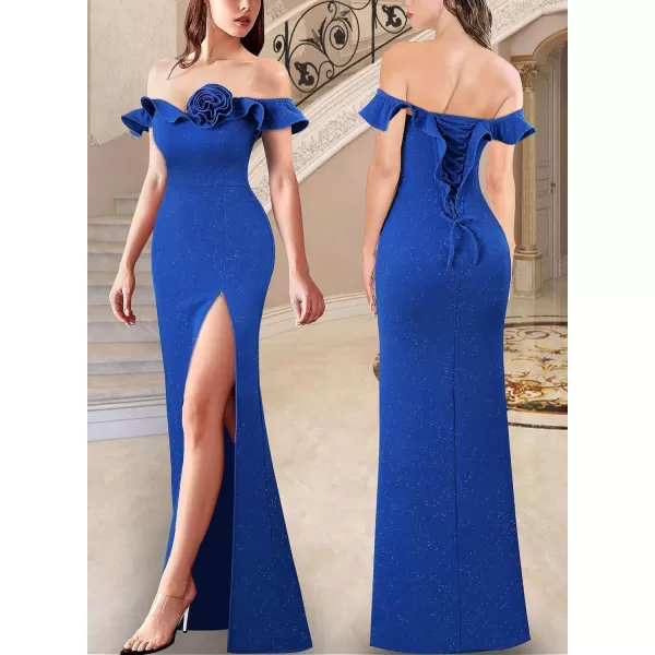 VFSHOW Womens Formal Prom Ruffle Off The Shoulder 3D Flower High Slit Maxi Dress Evening GownSparkly Royal Blue