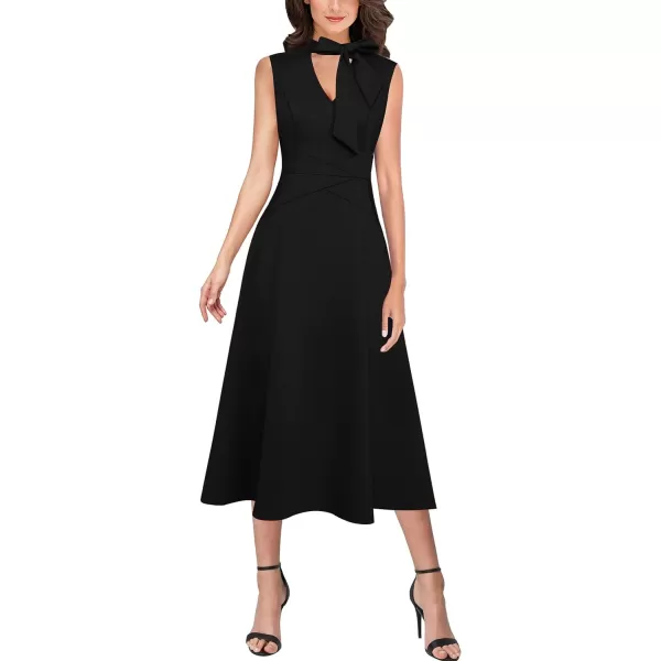 VFSHOW Womens Keyhole Front Patchwork Pockets Pleated Casual Party ALine Midi DressBlack Sleeveless