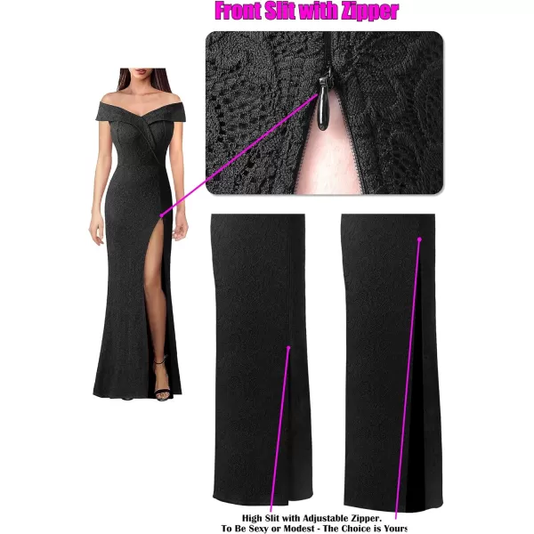 VFSHOW Womens Off Shoulder High Slit Formal Evening Wedding Guest Maxi Long DressBlack Floral Lace3