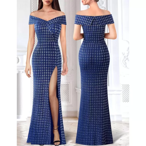 VFSHOW Womens Off Shoulder High Slit Formal Evening Wedding Guest Maxi Long DressBlue With Silver Metallic Geometric Pattern