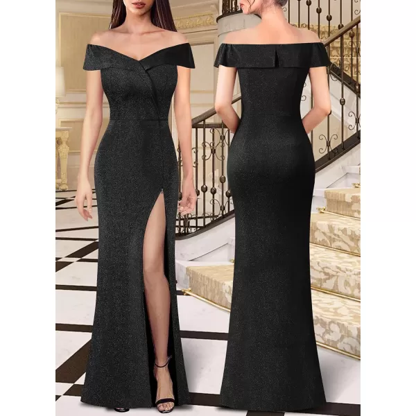 VFSHOW Womens Off Shoulder High Slit Formal Evening Wedding Guest Maxi Long DressSparkly Black5