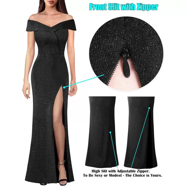 VFSHOW Womens Off Shoulder High Slit Formal Evening Wedding Guest Maxi Long DressSparkly Black5