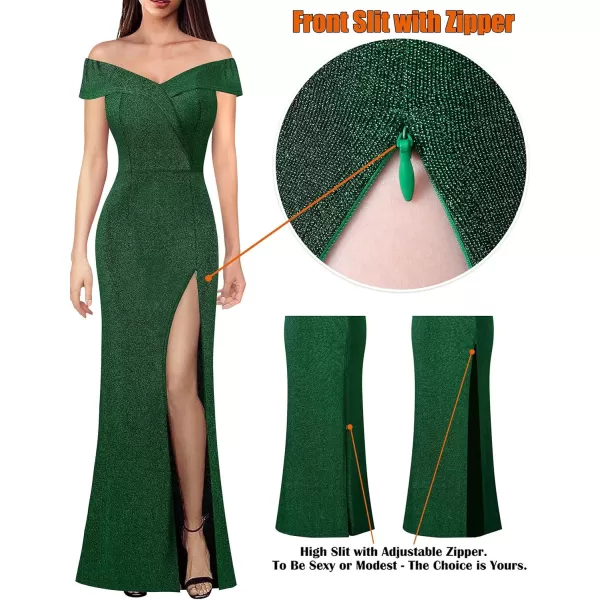 VFSHOW Womens Off Shoulder High Slit Formal Evening Wedding Guest Maxi Long DressSparkly Green