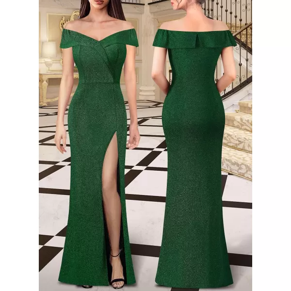 VFSHOW Womens Off Shoulder High Slit Formal Evening Wedding Guest Maxi Long DressSparkly Green