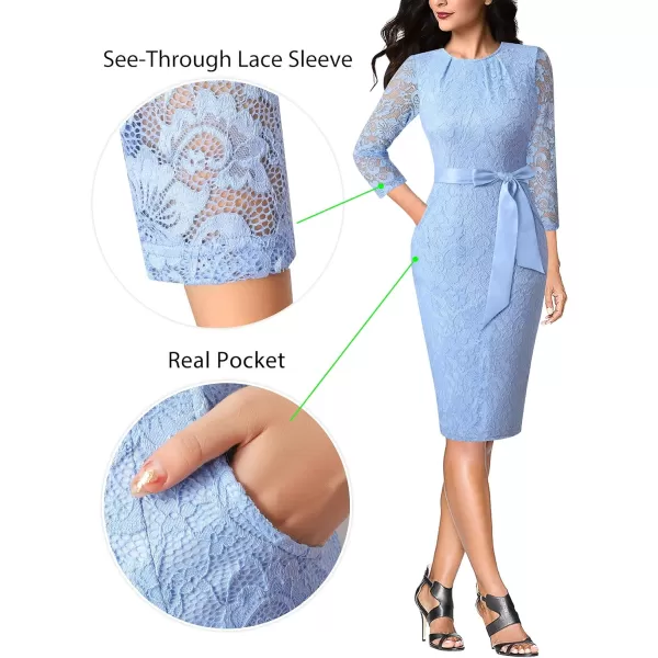 VFSHOW Womens Pleated Crew Neck Belted Pockets Slim Work Business Office Bodycon Pencil Sheath DressLight Blue Lace