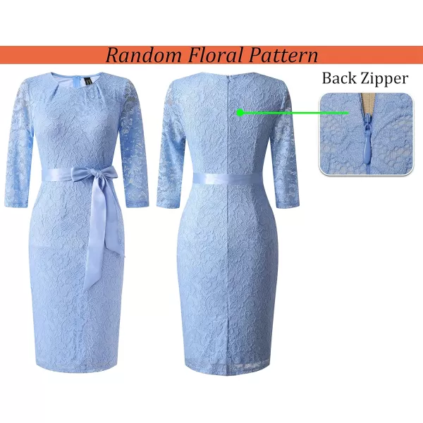 VFSHOW Womens Pleated Crew Neck Belted Pockets Slim Work Business Office Bodycon Pencil Sheath DressLight Blue Lace