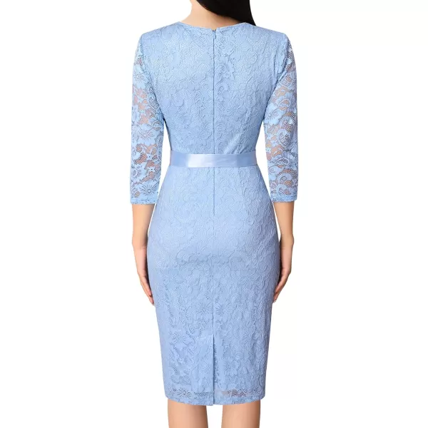 VFSHOW Womens Pleated Crew Neck Belted Pockets Slim Work Business Office Bodycon Pencil Sheath DressLight Blue Lace