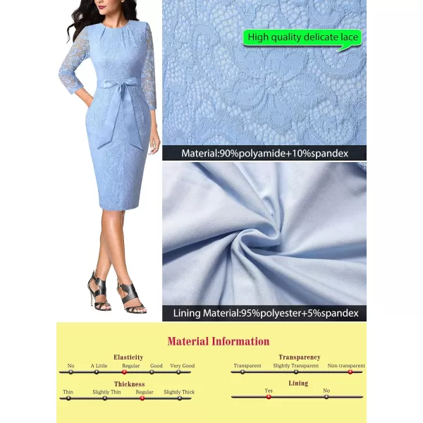 VFSHOW Womens Pleated Crew Neck Belted Pockets Slim Work Business Office Bodycon Pencil Sheath DressLight Blue Lace