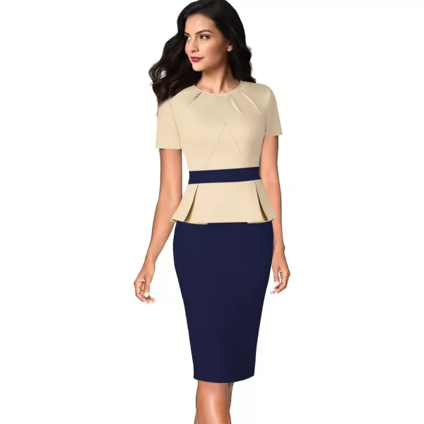 VFSHOW Womens Pleated Crew Neck Peplum Wear to Work Office Sheath DressBeige and Dark Blue